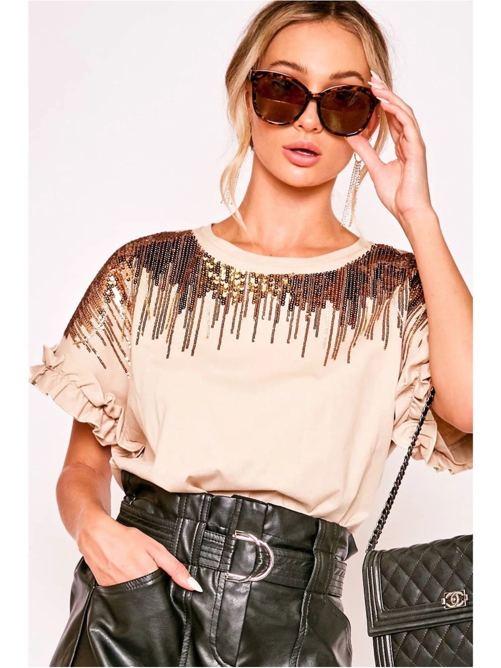 Vine & Love Beige Gold Sequin Fringe Top Ruffle Sleeve Glam Tee Medium NWOT
